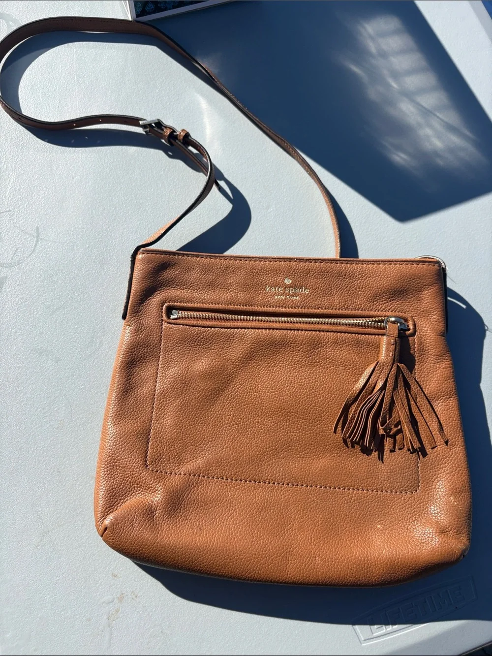 kate spade Tan Leather Crossbody Bag with Tassel Zip Pocket